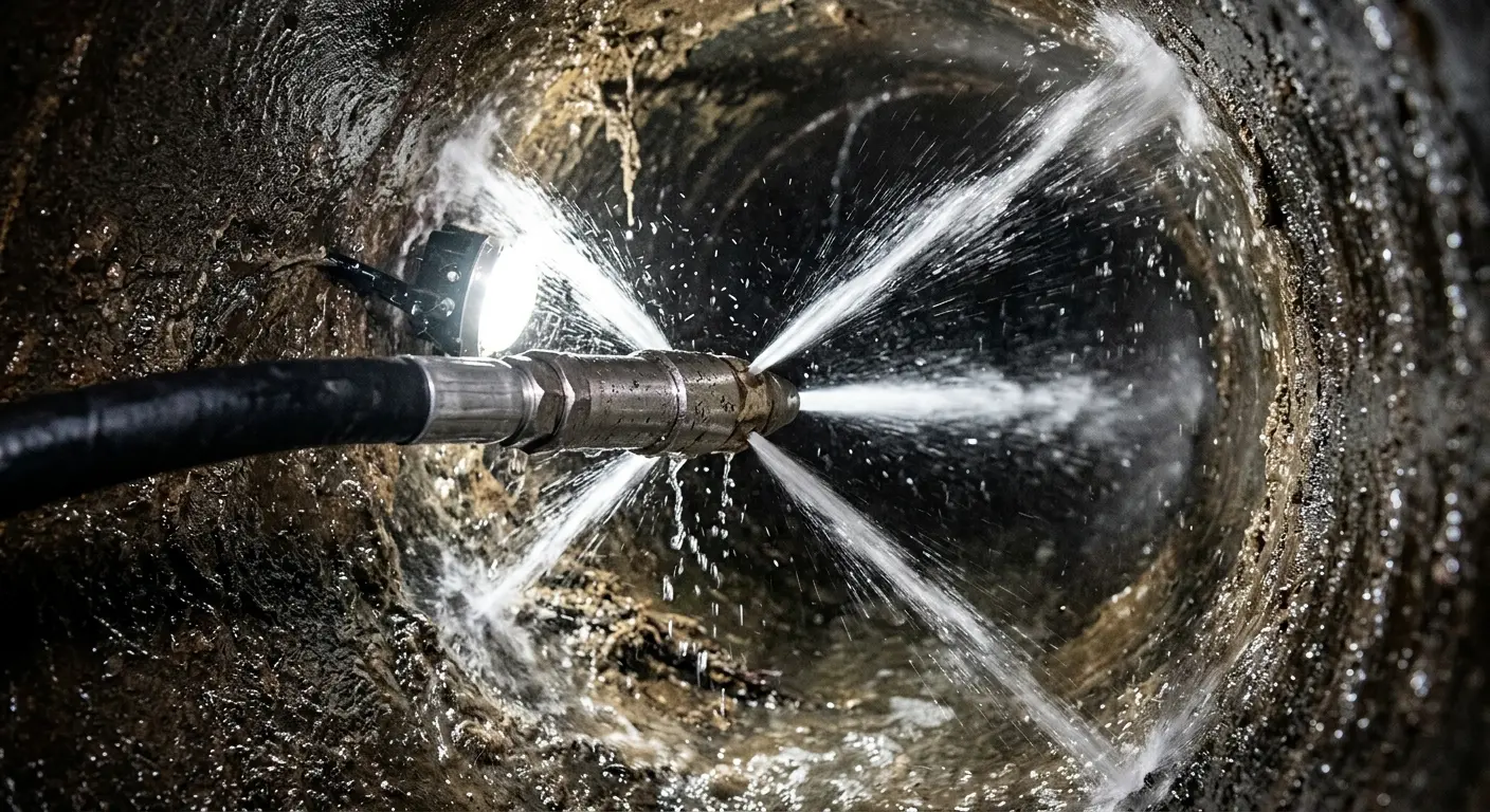 High-pressure hydro jetting nozzle cleaning sewer pipe for Sewer Cleanout in Haverford