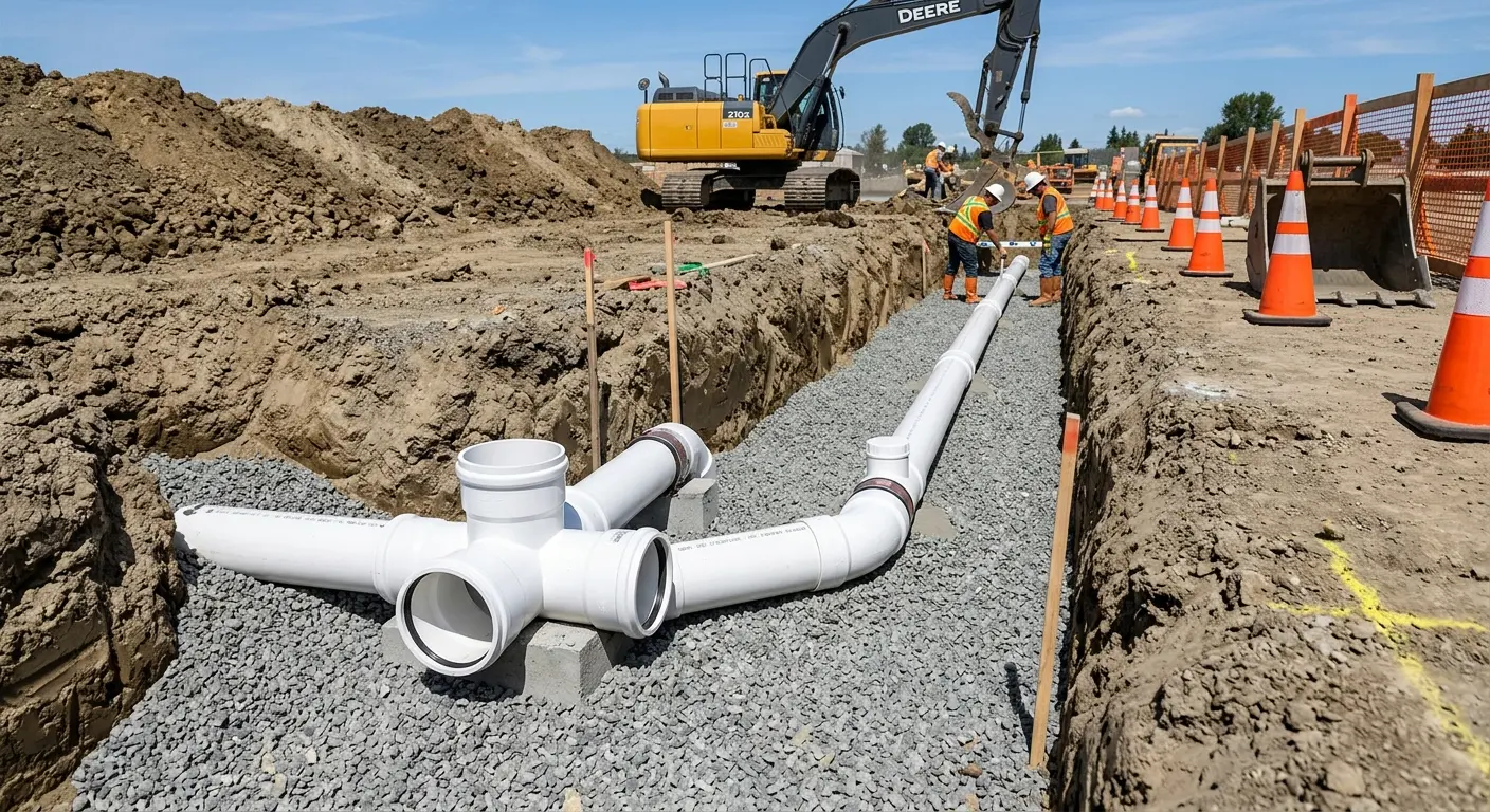 New PVC sewer pipe installation in open trench for Commercial Drain Cleaning in Haverford