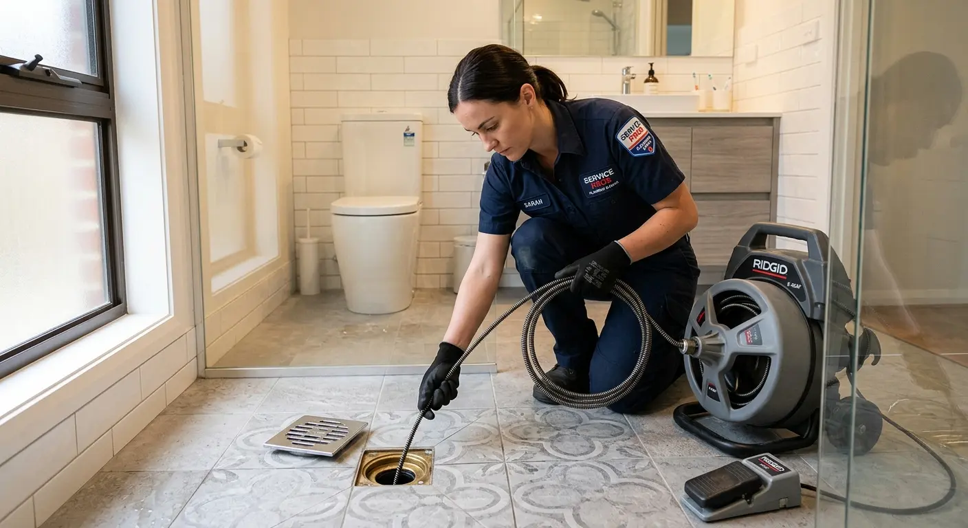 Technician clearing a bathroom floor drain for Drain Repair in Haverford